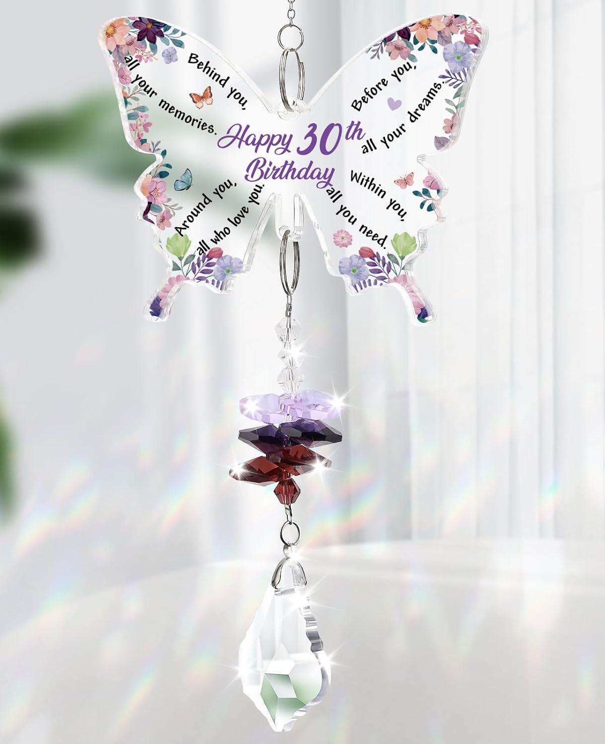 KAAYEE 30th Birthday Butterfly Crystal Suncatcher Gift – Amethyst Pendant, Engraved Keepsake