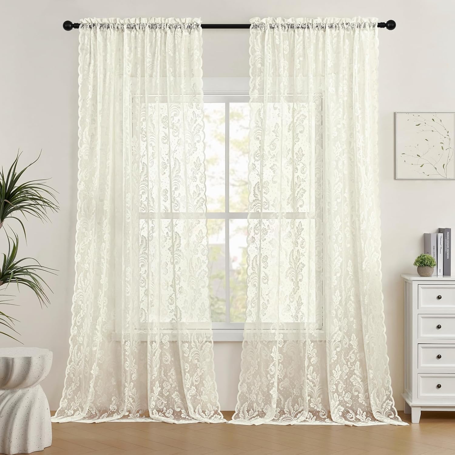 Thumbnail 1 de Ivory Lace Curtains 84 Inches Long – Victorian Floral Sheer Curtains, 2 Panels, 52x84