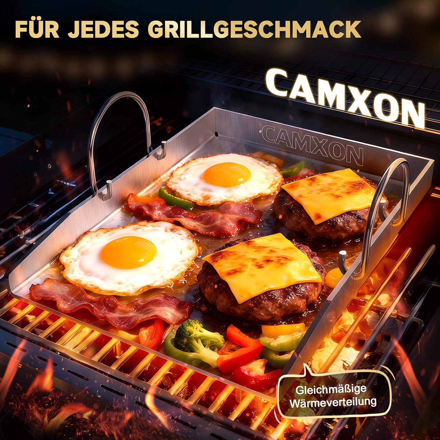 Detalle de Camxon Universelle Edelstahl Plancha Grillplatte 40.5×31 cm – 5 mm, Fettablauf, spülmaschinenfest inkl. Spachteln