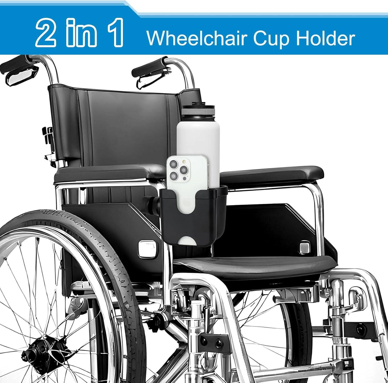 Thumbnail 1 de Accmor 2-in-1-Flaschen- und Handyhalter für Rollstuhl, Fahrrad & Kinderwagen – Schwarz