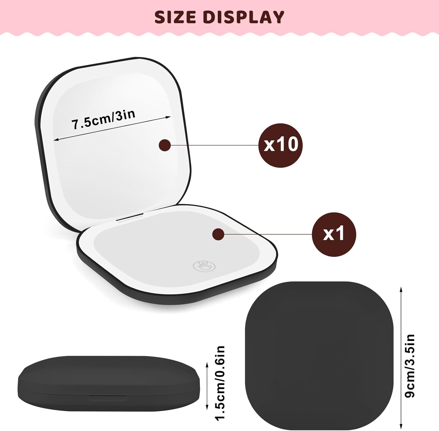 Detalle de TW1TGOFT Compact Mirror with Light – 10X/1X Double‑Sided LED Travel Mirror