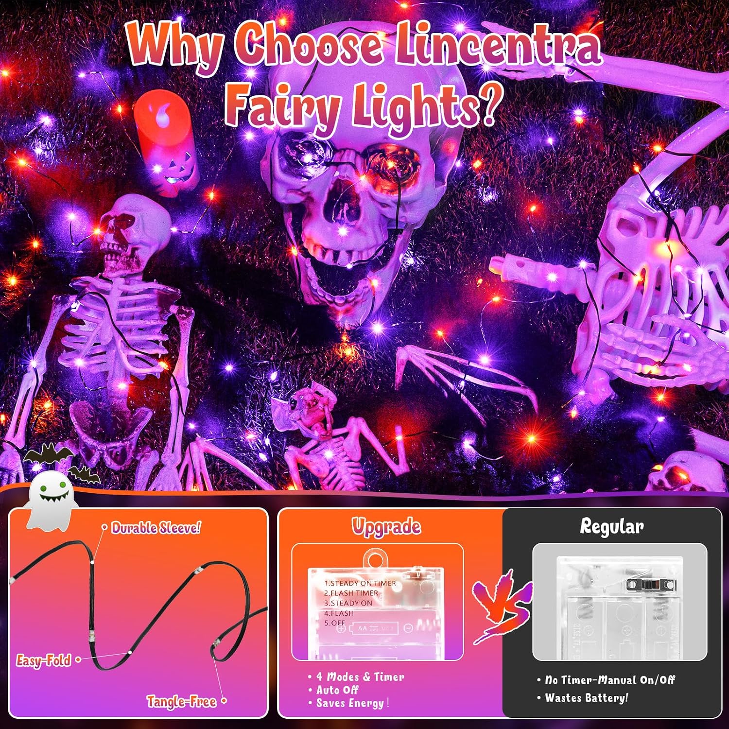 Thumbnail 4 de Lincentra Halloween Decoration Lights, 2 Pack 5M 50LED Orange Purple – Battery Operated with Timer