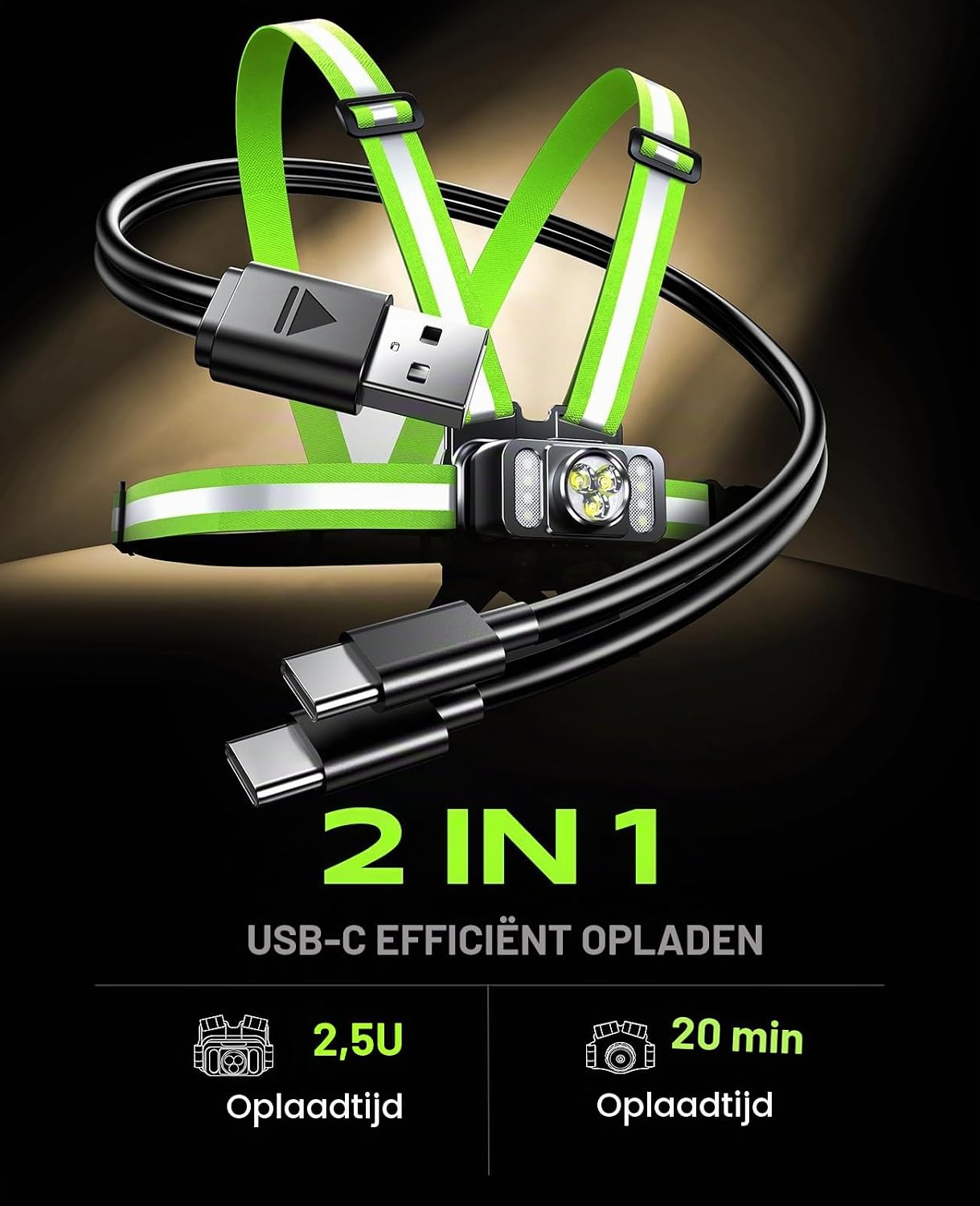 Detalle de Mohard WDB81 hardloopvest met 550 lumen, zijlicht en 360° reflectie