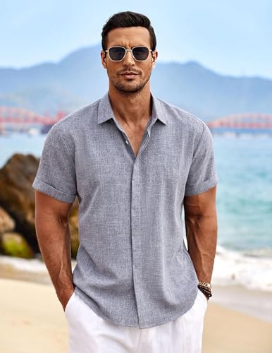 Thumbnail 1 de COOFANDY Camisa de Lino para Hombre, manga corta, azul grisáceo oscuro, XL