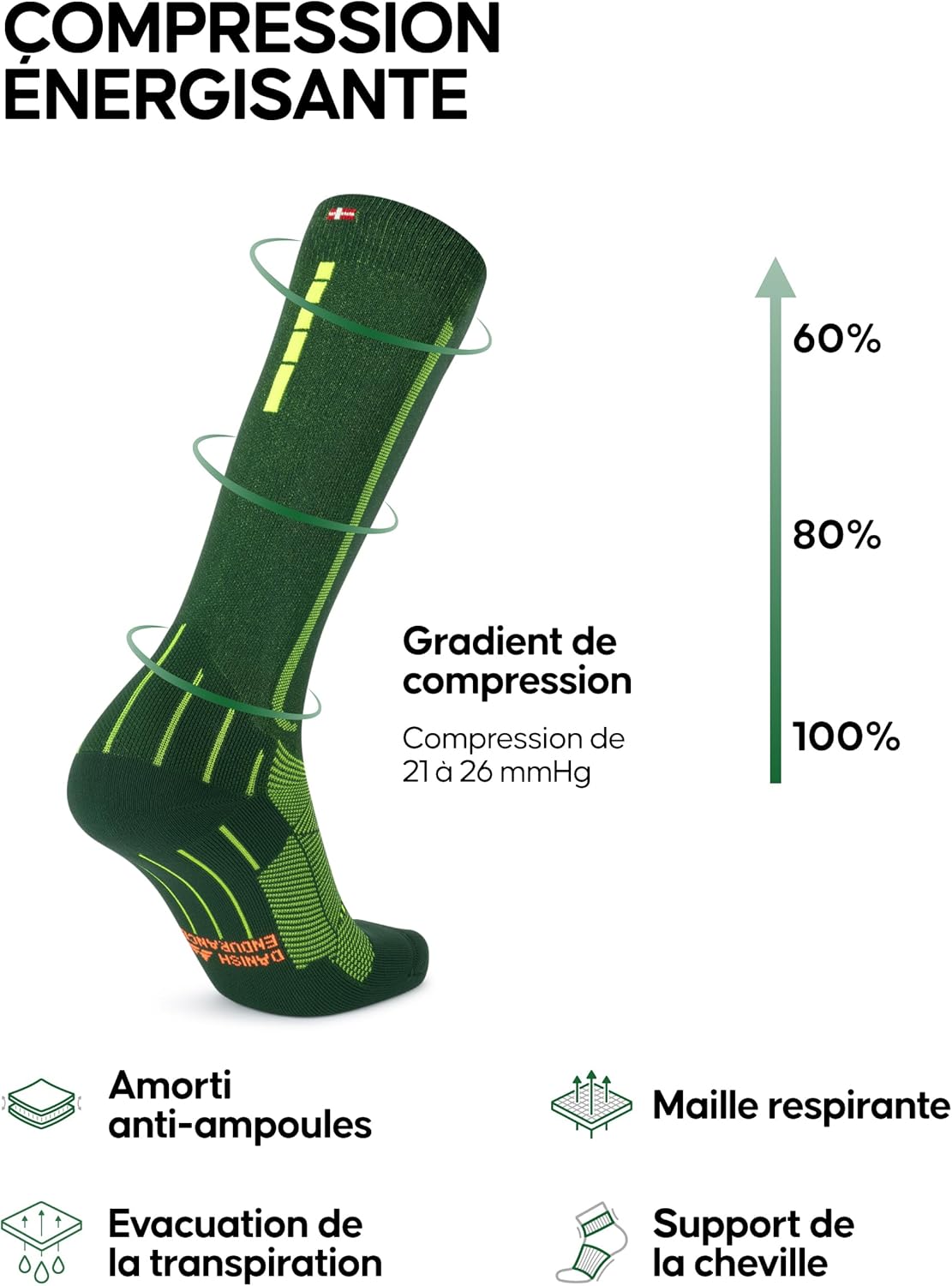 Thumbnail 1 de Chaussettes de compression DANISH ENDURANCE 21-26 mmHg – récupération musculaire et soutien de voyage, unisexes (lot 1 ou 2)