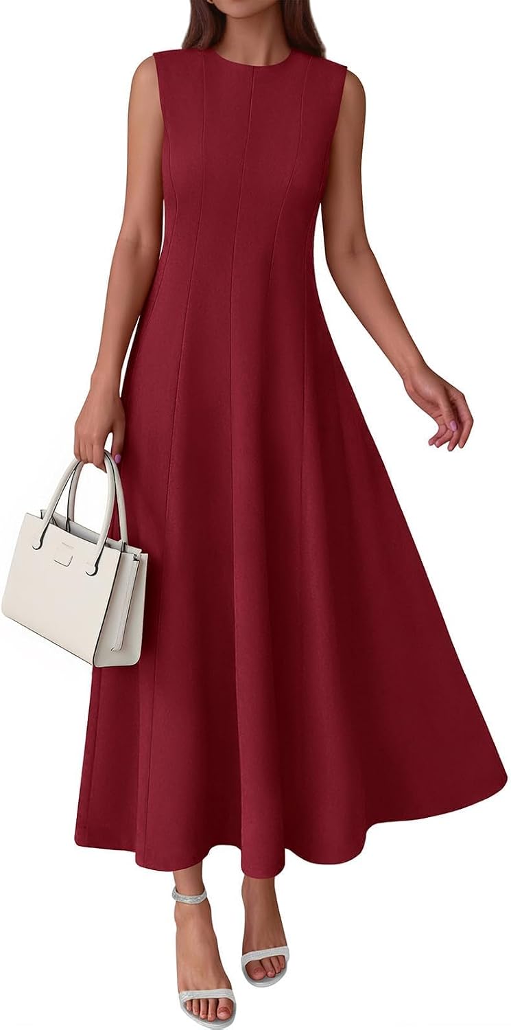 Detalle de PRETTYGARDEN Sleeveless Crewneck Summer Maxi Dress – Elegant, Modest A-Line Style with Pockets