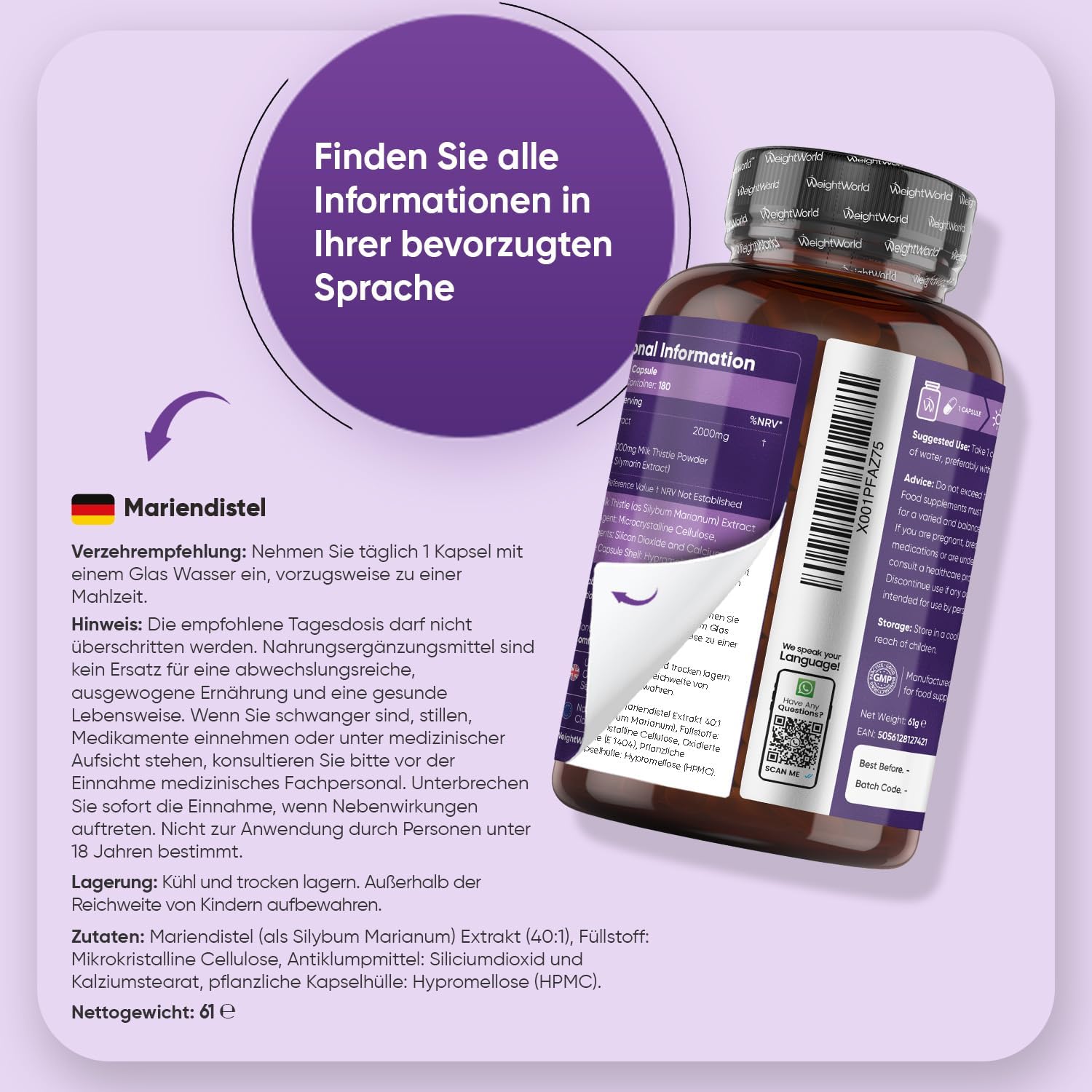 Detalle 2 de WeightWorld Mariendistel Kapseln 180 Stück