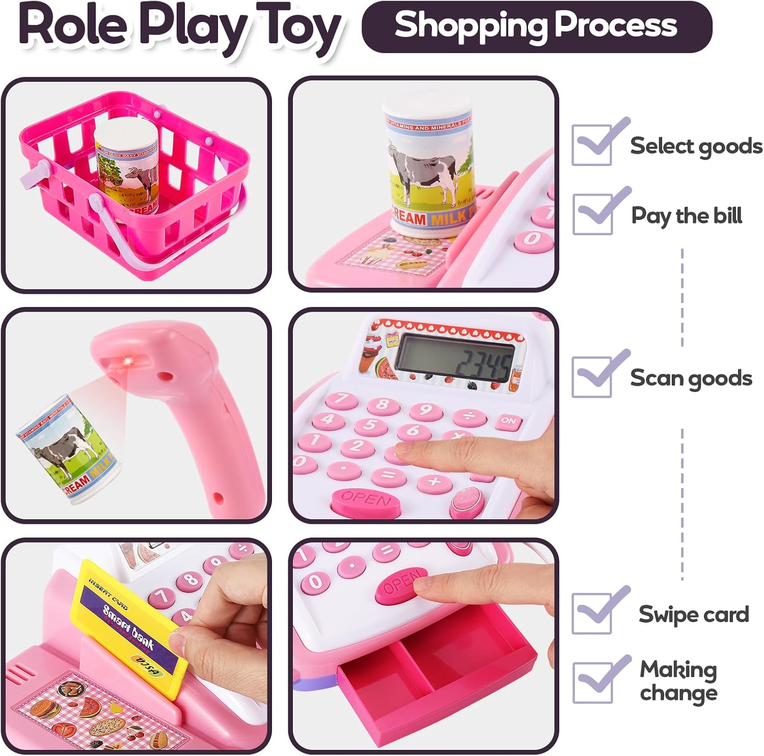 Detalle de HYAKIDS Pretend Play Till Cash Register with Scanner – Imaginative Shopping Till for Kids