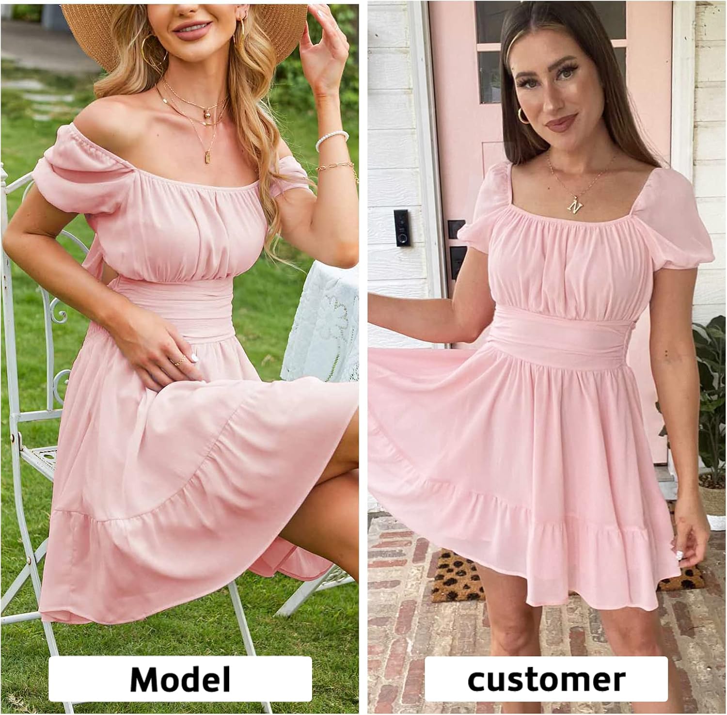 Detalle 2 de EXLURA Women’s 2026 Summer Short Puff Sleeve Mini Dress with Tie Back & Square Neck