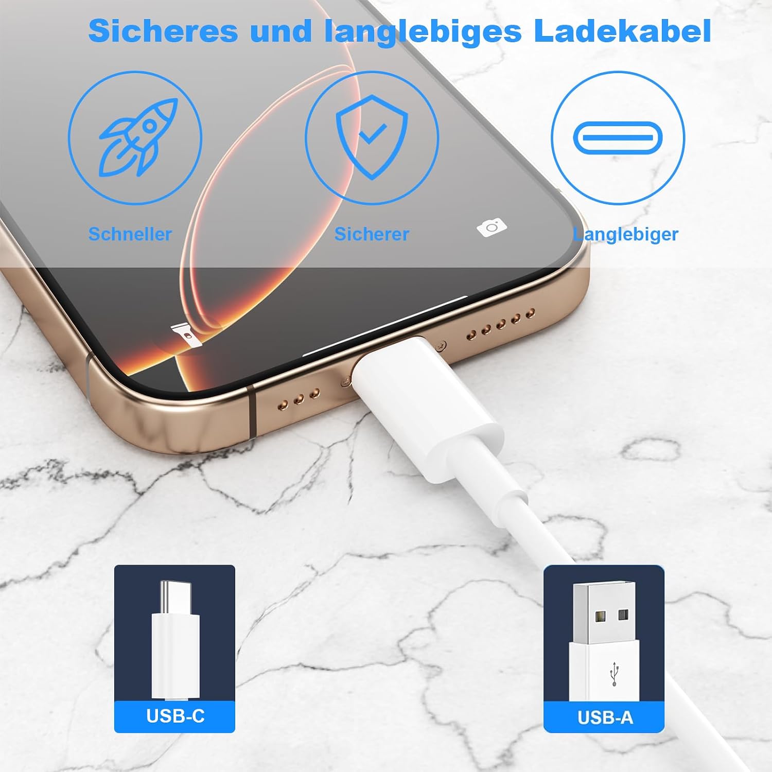 Thumbnail 1 de BSTOEM USB-C Kabel-Set 2 Stück (1 m + 2 m) – USB-A zu USB-C Ladekabel kompatibel mit iPhone, iPad, Galaxy und CarPlay