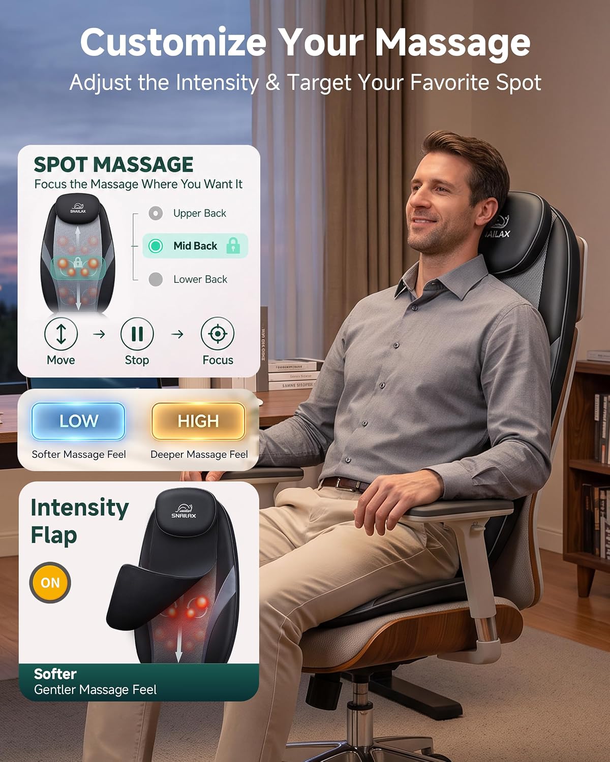 Detalle de Snailax 2026 Upgraded Shiatsu Roller Back Massager with Heat — Deep Tissue Chair Pad for Home or Office