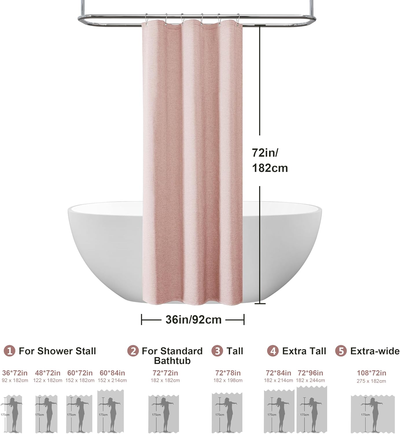 Detalle 2 de Rideau de douche VANZAVANZU en lin polyester imperméable anti-moisissures avec 6 anneaux métal (92x182 cm) – Rose