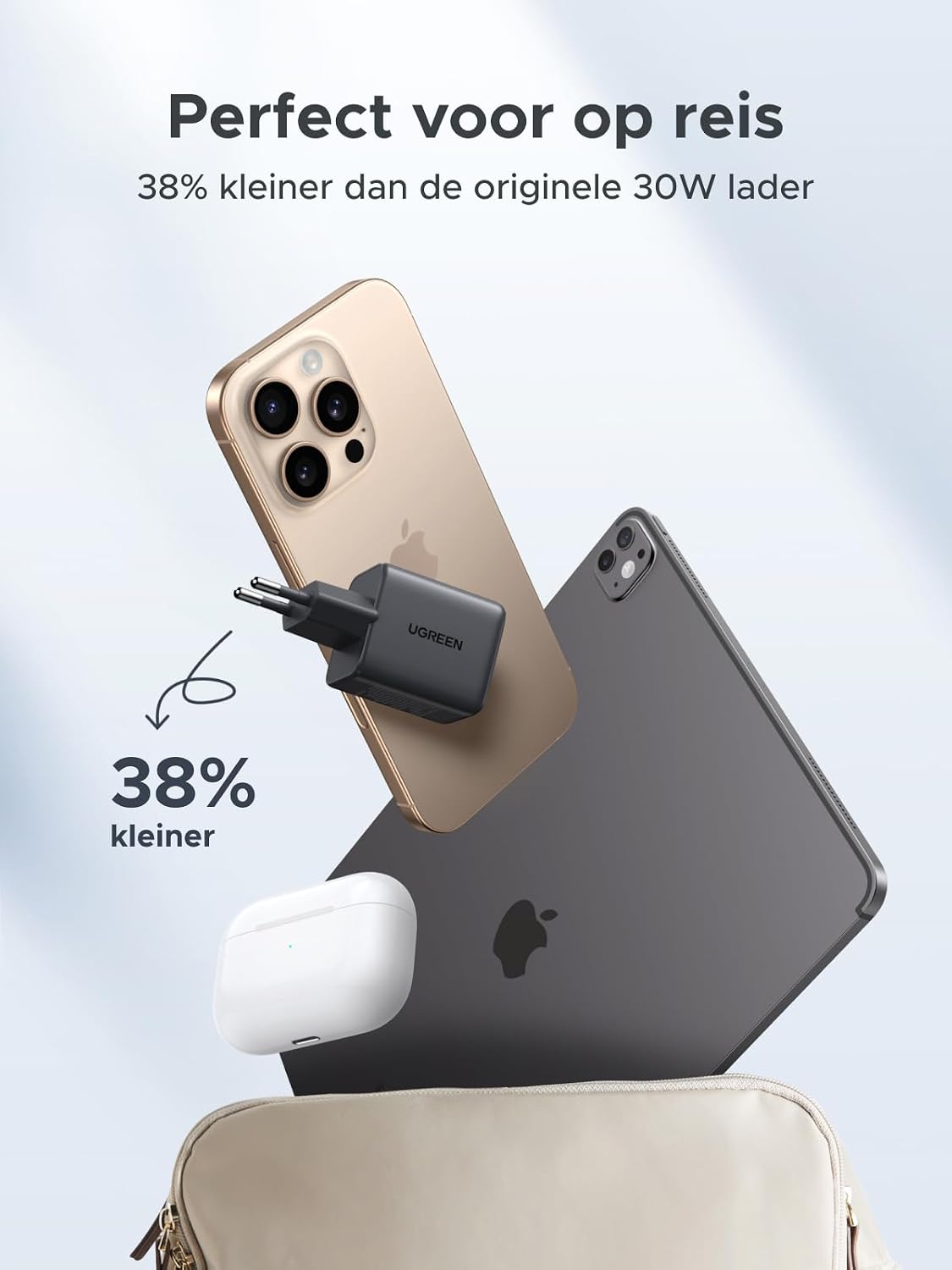 Detalle de UGREEN USB-C-lader 30 W met 2 USB-C-poorten en USB-A
