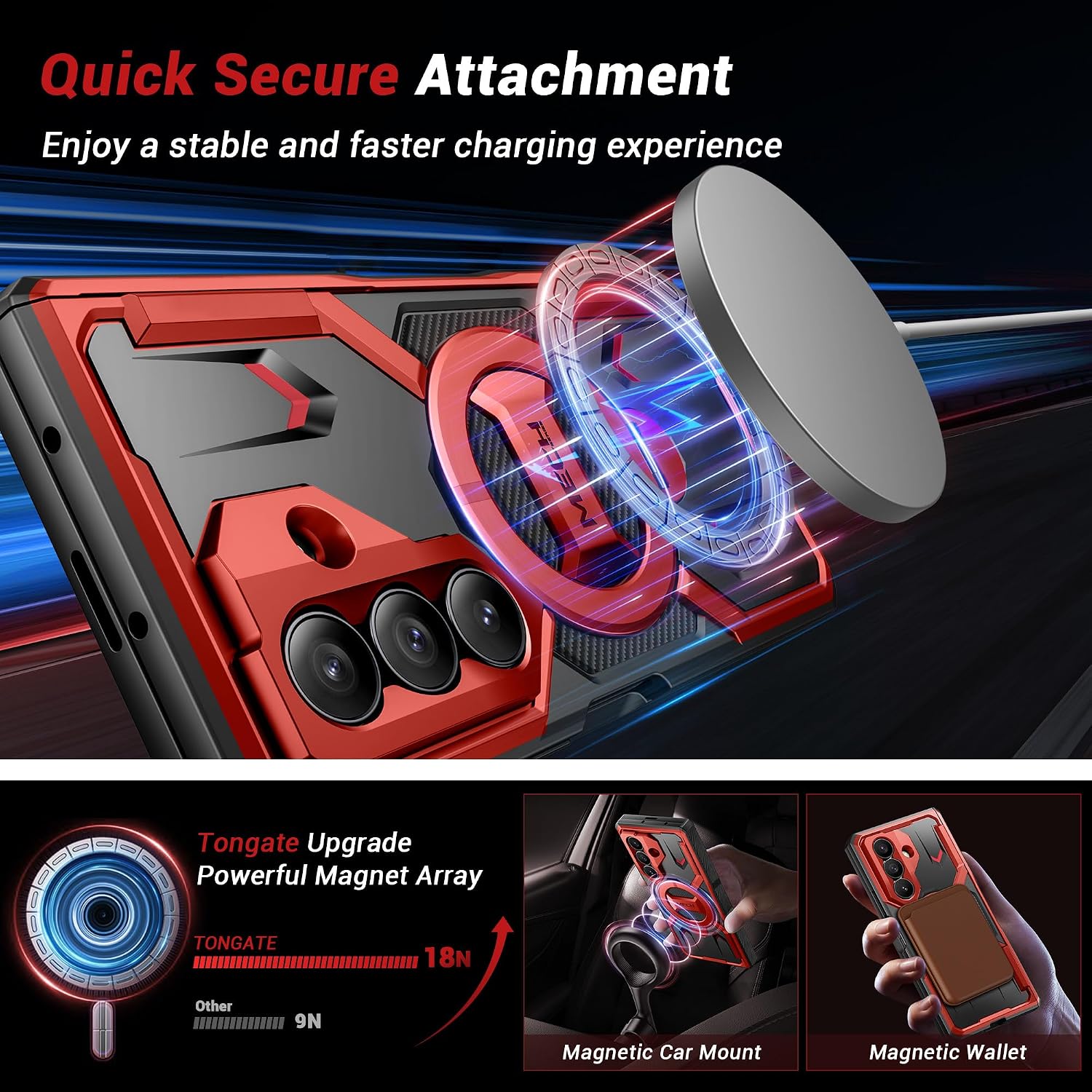 Detalle de Tongate Z Fold 7 Magnetic Case Red、360°回転スタンド・覗き見防止ガラス付きケース