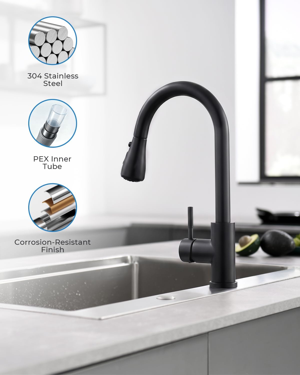 Detalle de VFAUOSIT 06MBV Black Kitchen Faucet with Pull-Down Sprayer, 3 Modes