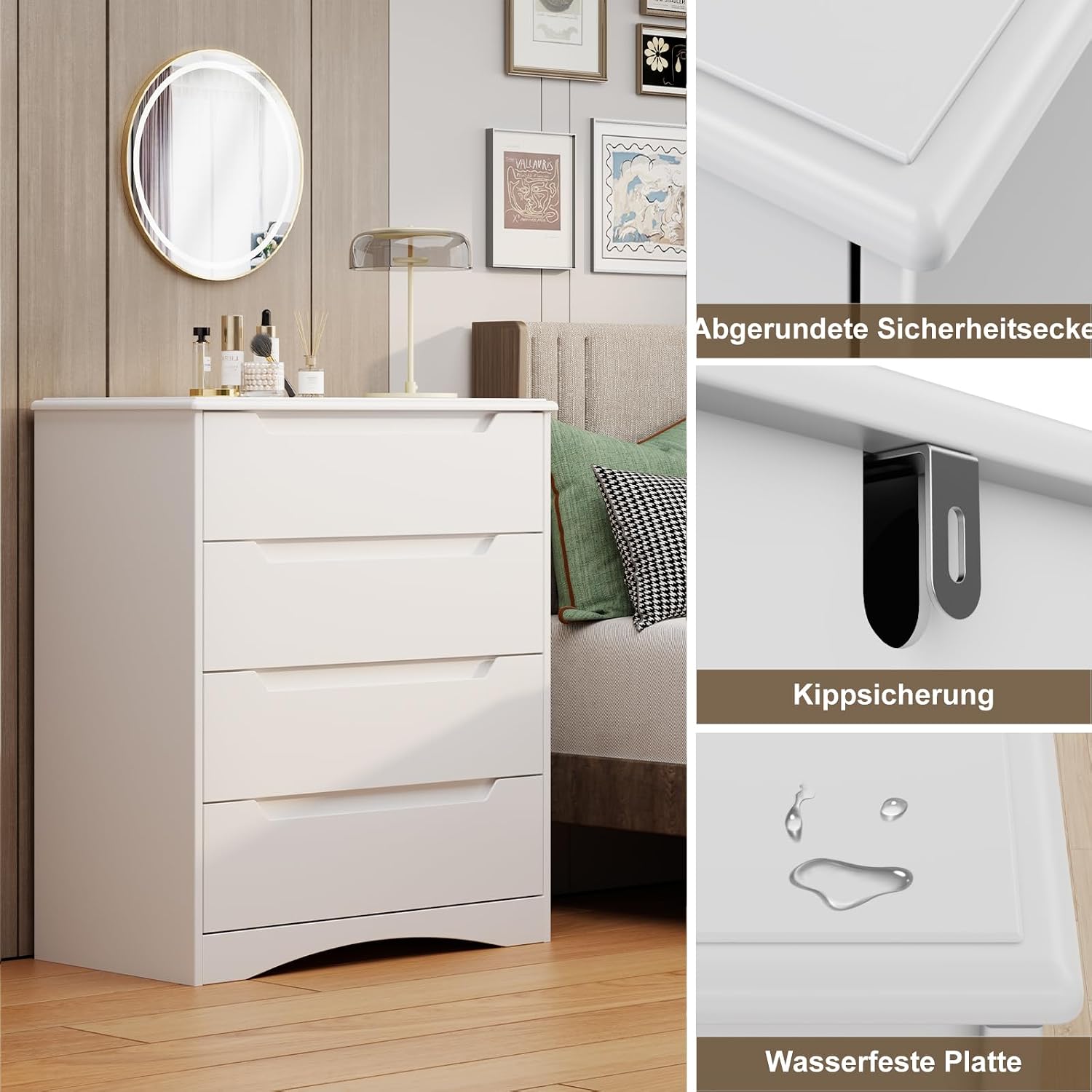 Detalle 1 de Bealife AP22-EU commode met 4 laden, witte MDF-kast met kantelbeveiliging