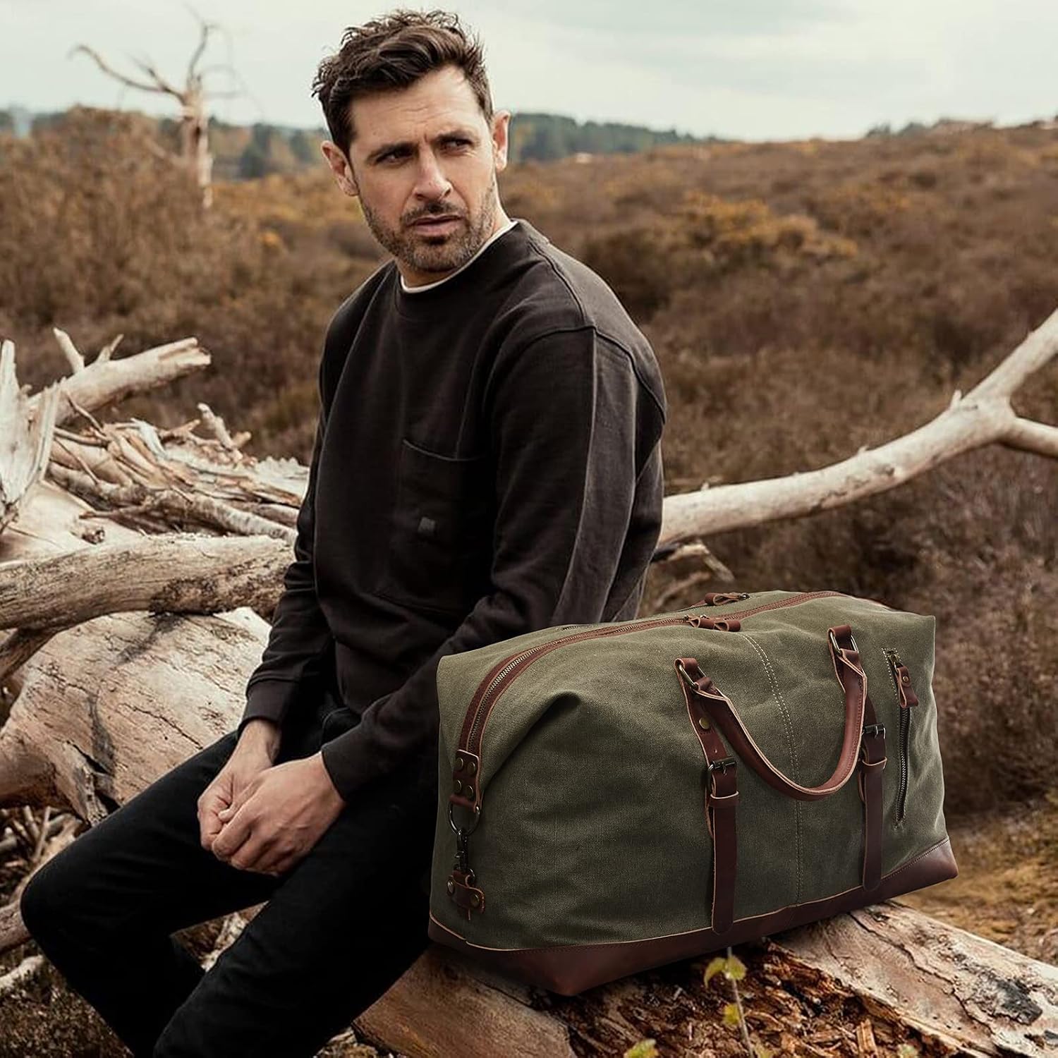 Thumbnail 1 de S-ZONE Reisetasche 60L Vintage Canvas Crazy Horse Leder-Trim Weekender (Unisex)