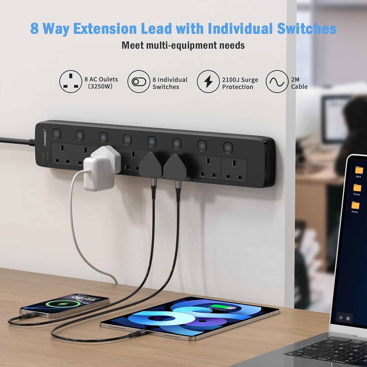 Detalle de TOPREK 8 Way surge protected extension lead