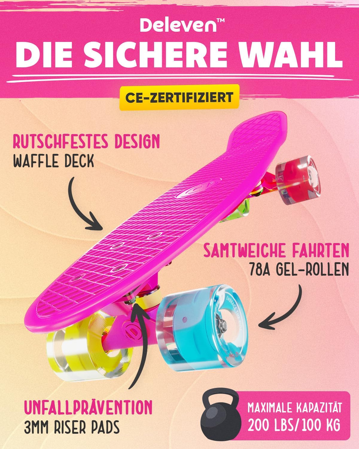 Thumbnail 2 de Deleven Skateboard mit LED Rollen – 56 cm, ABEC 7 Lager, Mini Cruiser