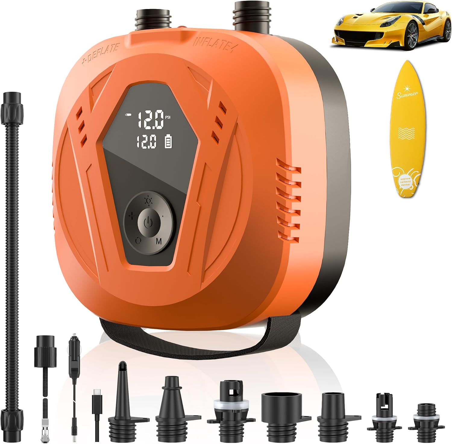 Detalle de SUP Electric Air Pump with 50 PSI, 15600 mAh Battery, Dual Stage Auto Stop – Portable Inflator for Paddle Boards and Other Inflatables