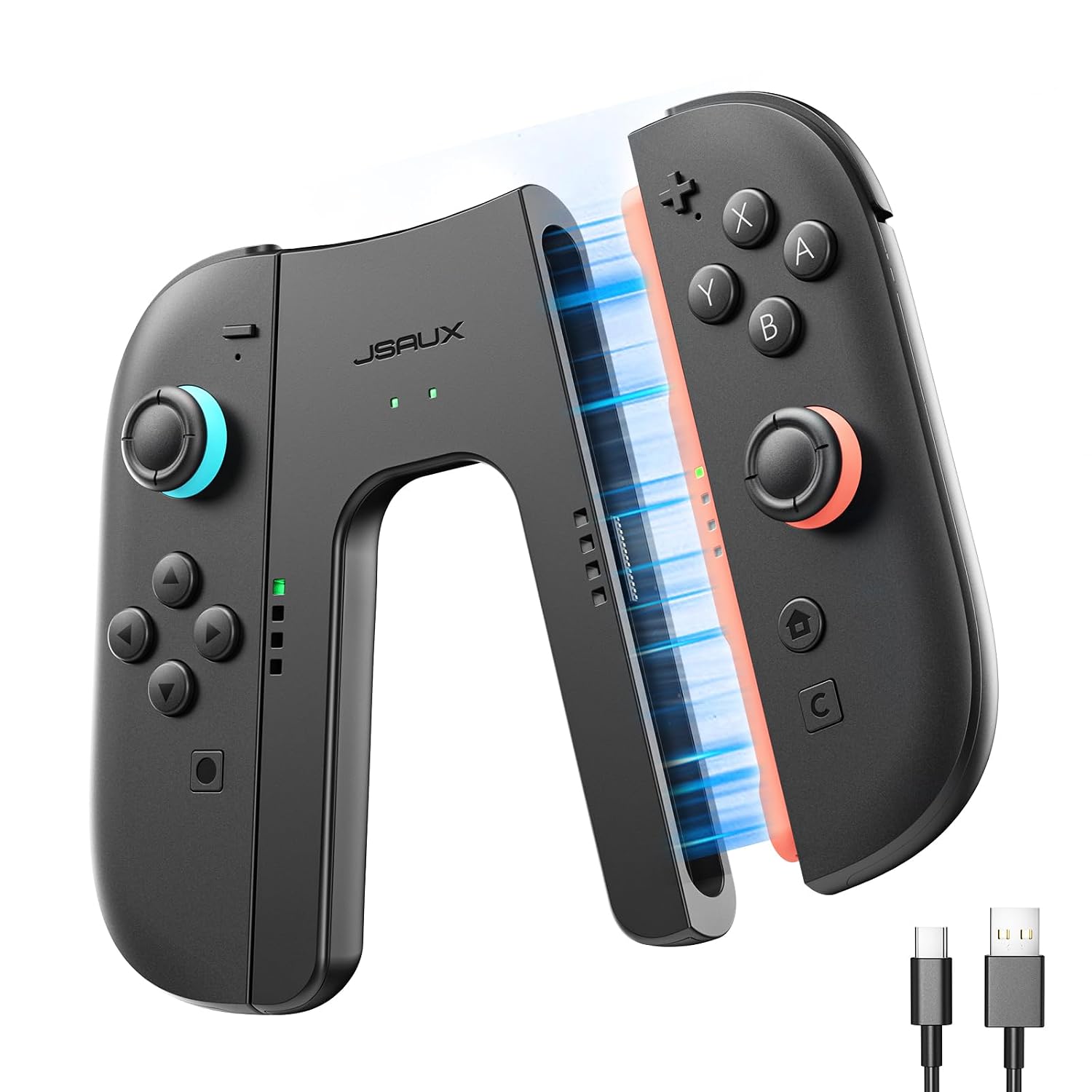 Detalle de JSAUX Switch 2 Ladegriff mit LED-Anzeige und 1,5 m Kabel