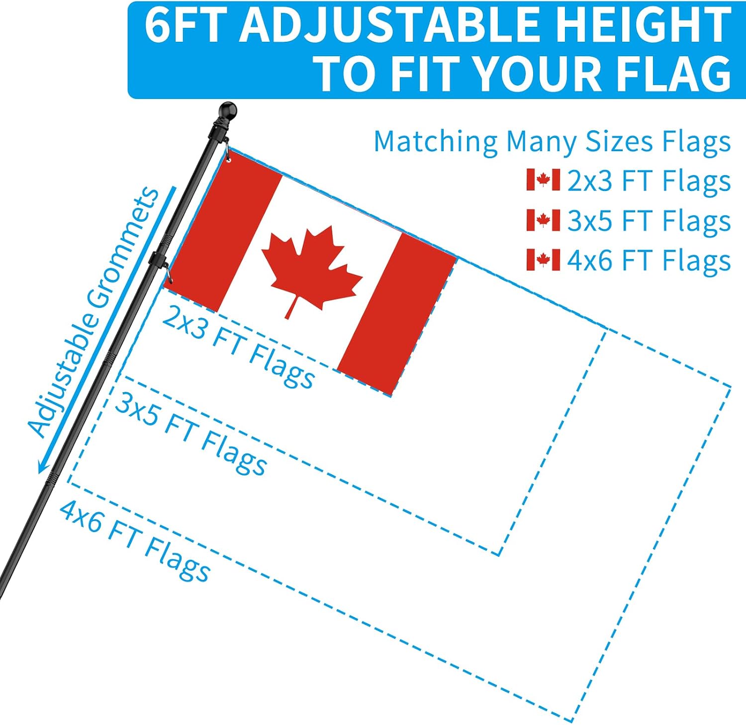 Detalle 2 de ZMTECH ZM-FP-B/6/1 6 ft Stainless Steel Flag Pole Kit, Black, Adjustable