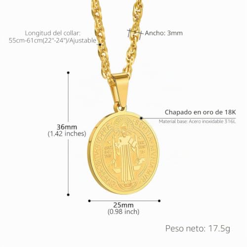 Thumbnail 5 de PROSTEEL San Benito de Nursia – Cruz Oro con Medalla y Cadena Dorada 55 cm Ajustable