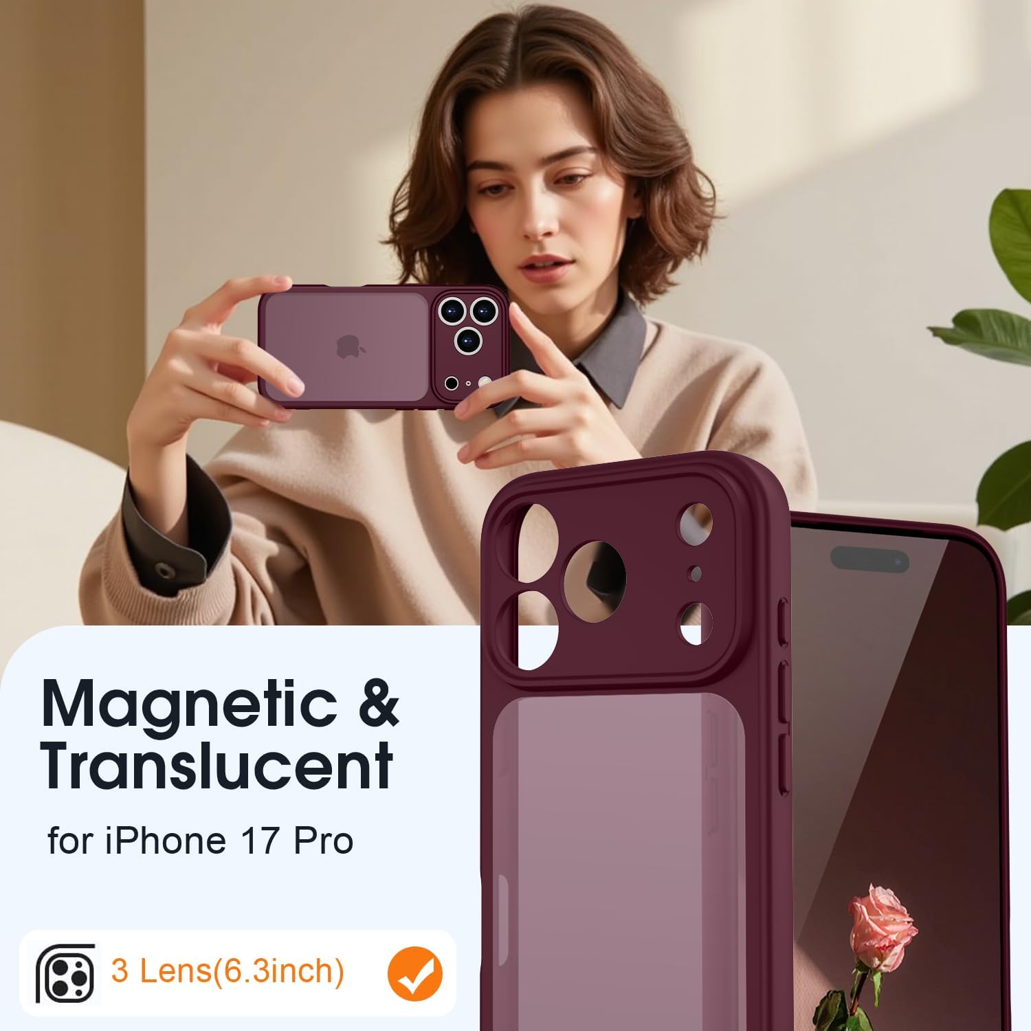 Detalle de KPPIT iPhone 17 Pro Case — Shockproof Military Grade Protection in Frosted Translucent Wine Red