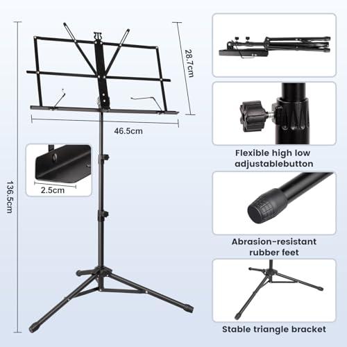 Detalle de New Bee Music Stand – Portable, Adjustable Sheet Music Stand with Carry Bag (Black)