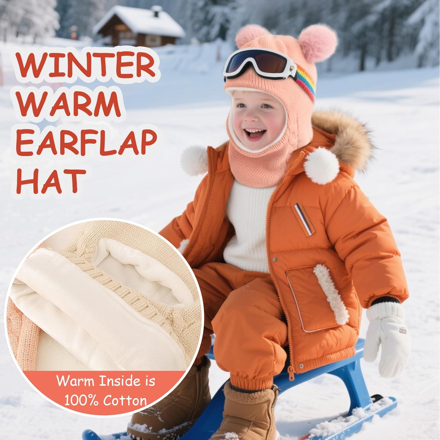 Detalle 2 de DRESHOW Kids Winter Warm Hat Scarf (1–6 Years) – Earflap Beanie Hood with Pom Pom & Windproof Coverage