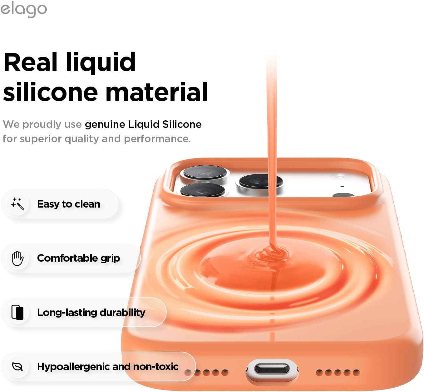 Detalle 2 de elago Cover Magnetica in Silicone Liquido per iPhone 17 Pro (6,3") – Compatibile MagSafe, Antiurto, Soft-Touch Arancione