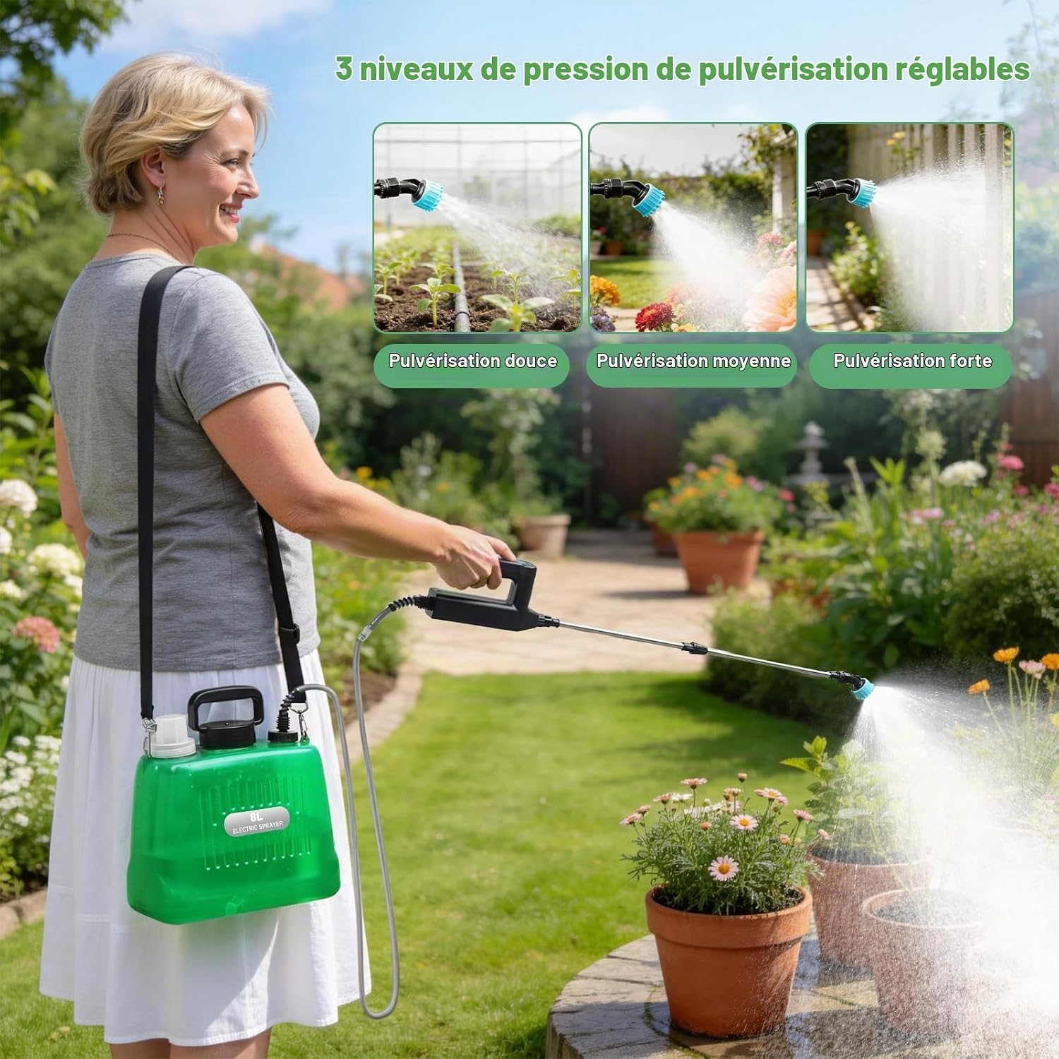 Detalle de SideKing YX2408ML-2574 elektrische tuinsproeier van 8 liter met 4 sproeiers