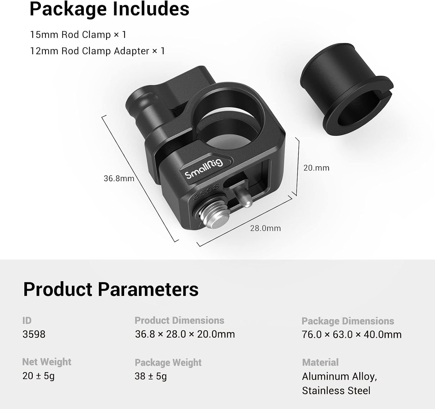 Thumbnail 4 de SMALLRIG 3598 enkelstångsklämma för 12 mm- och 15 mm-stänger