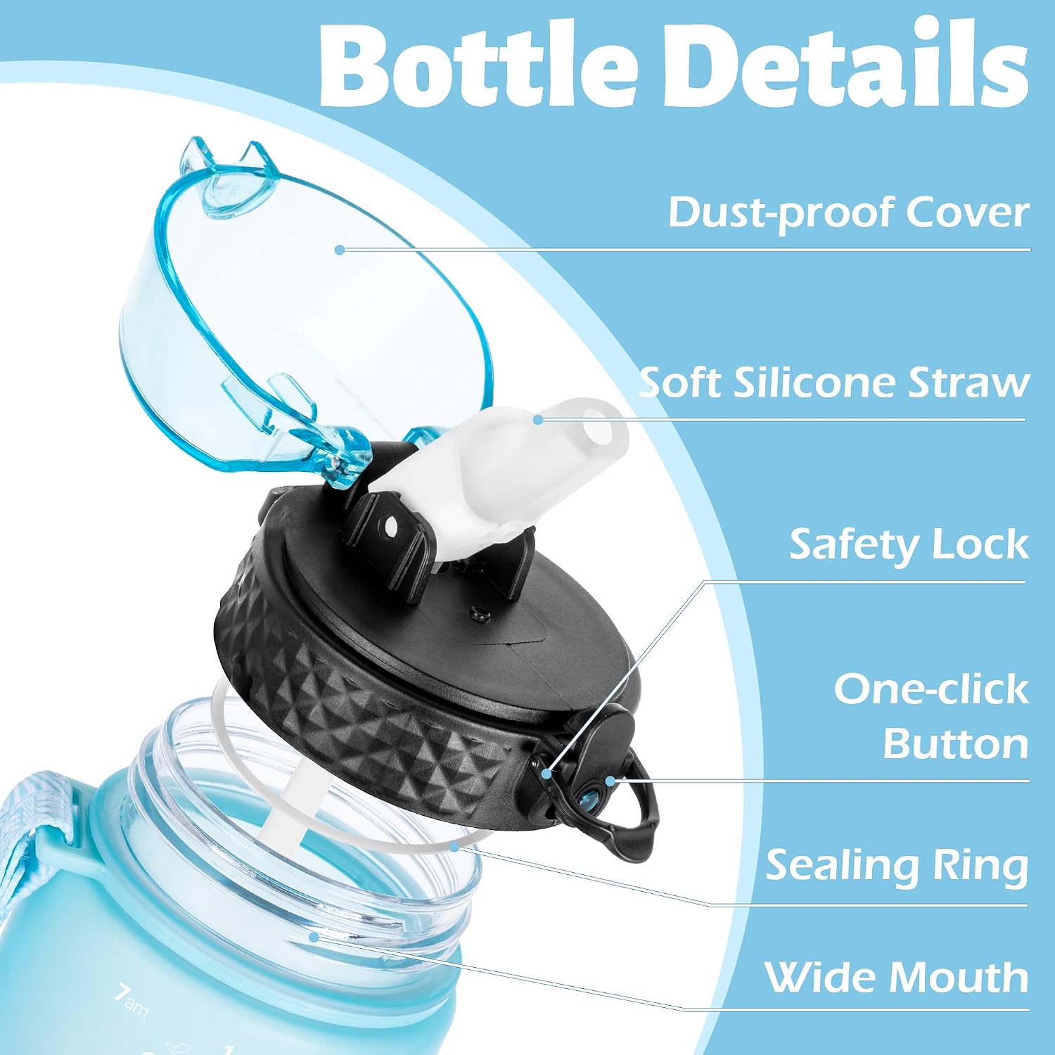 Detalle de Oldley 750ml (25oz) Straw Water Bottle with One-Click Lid, BPA-Free Tritan, Leakproof Lock & Time Markings (Blue Gradient)