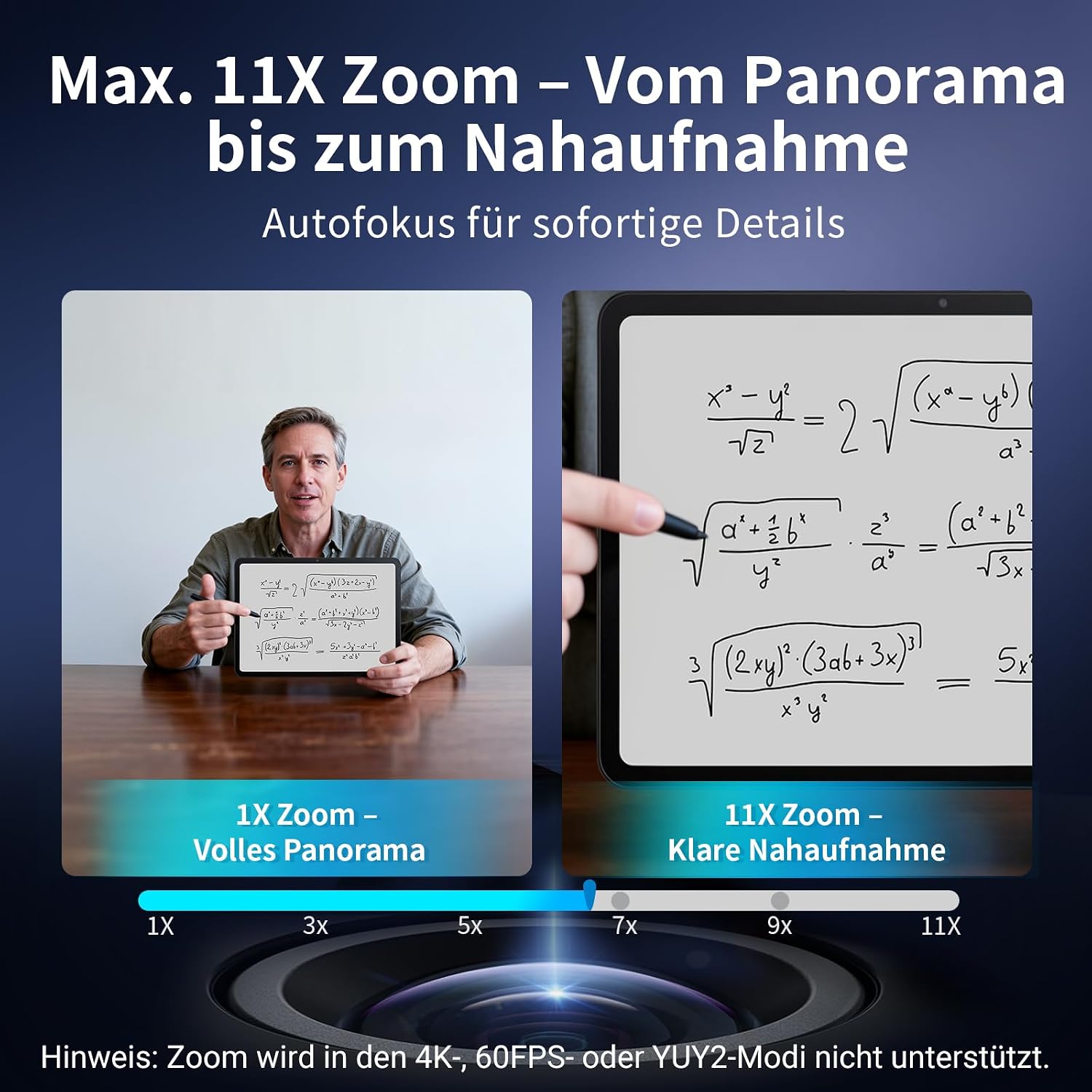 Detalle de EMEET C60E Dual-Kamera-4K-Webcam für Streaming – Ultra-HD mit Weitwinkel- und Telekameras, 11-fachem Hybridzoom und Fernbedienung