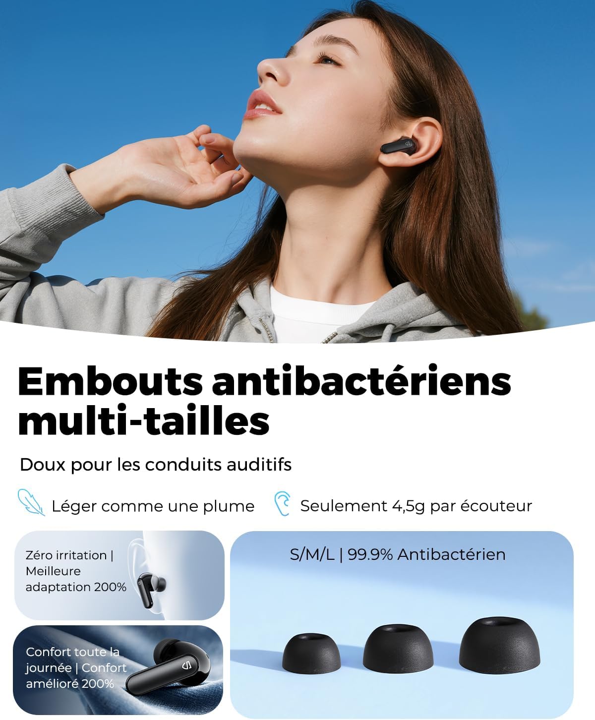 Detalle de SoundPEATS Q3 Pro : Écouteurs ANC Bluetooth 38 dB, 42 h d’autonomie, IA multi-mic et mode jeu ultra réactif