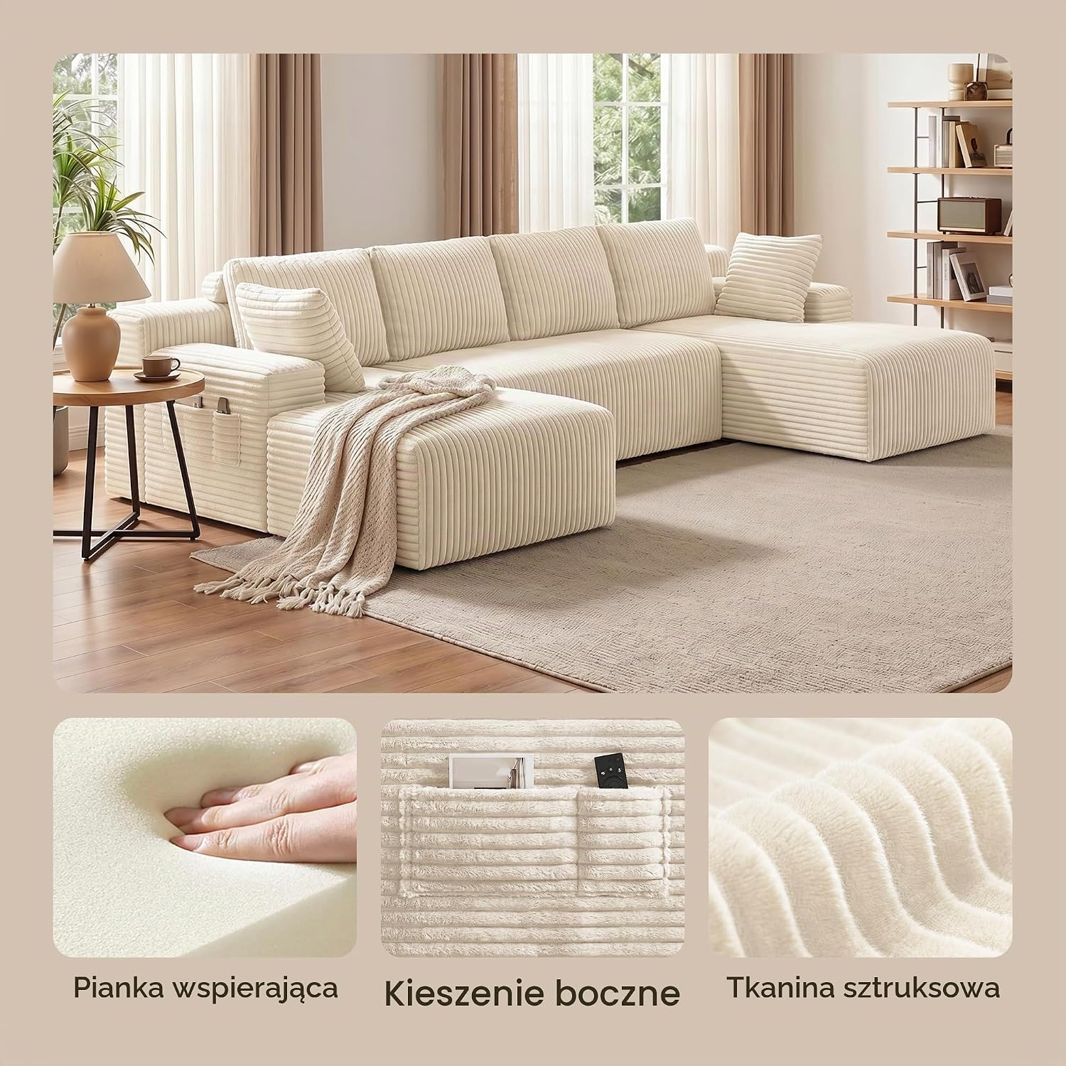 Thumbnail 6 de Xbro AR45 – modułowa sofa narożna U 320 cm, rozkładana, sztruksowa, beżowa