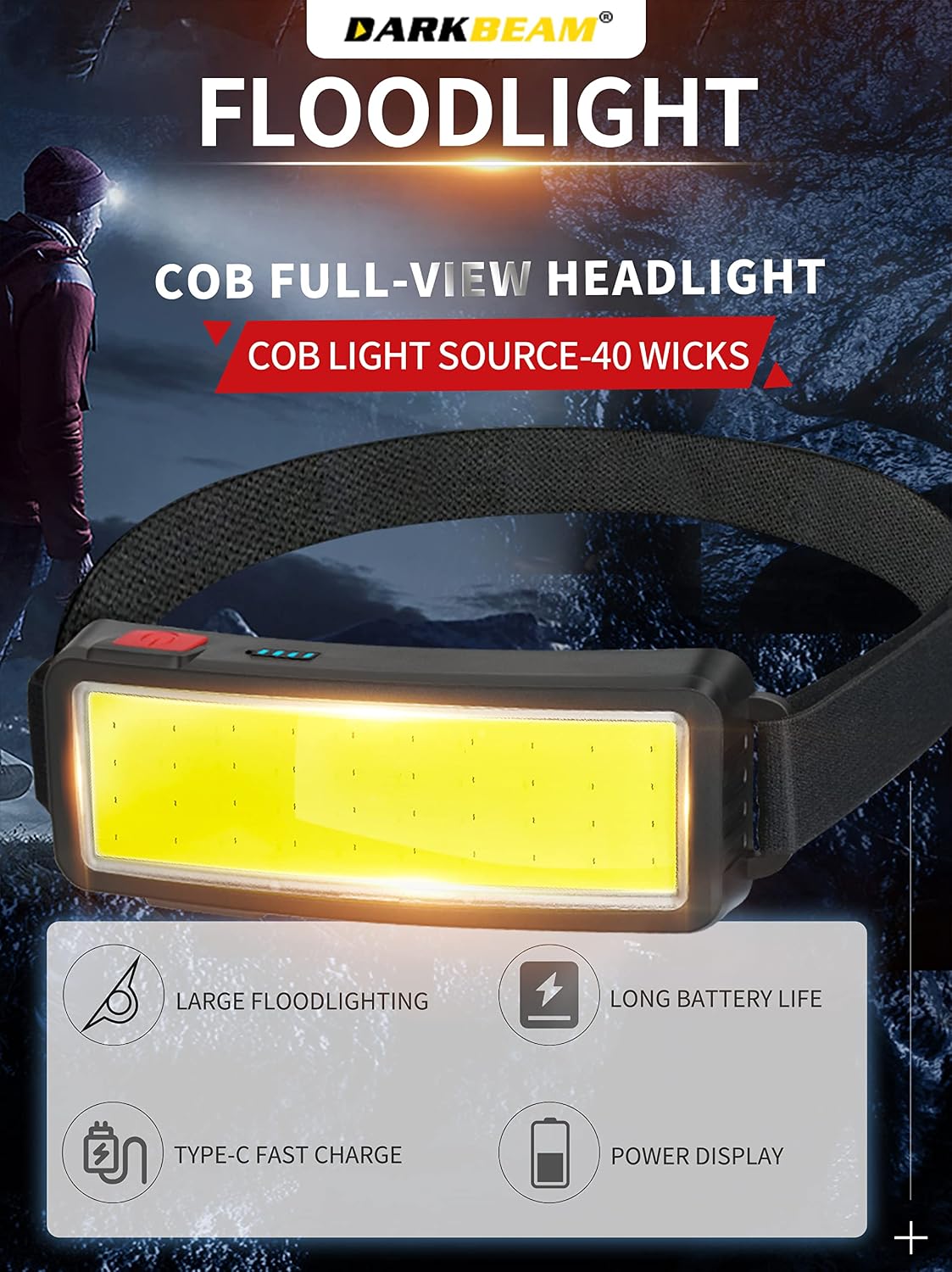 Detalle 2 de DARKBEAM Lampada frontale ricaricabile C02 hoofdlamp met COB-licht, 2 stuks
