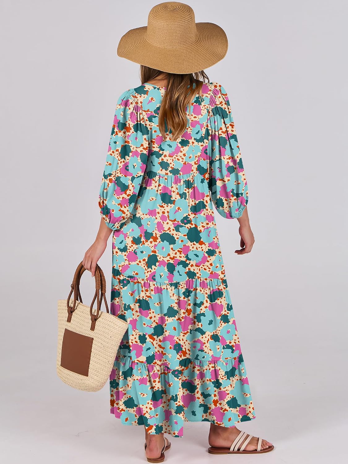 Detalle de ANRABESS Womens Boho Floral 3/4 Puff Sleeve Maxi Dress