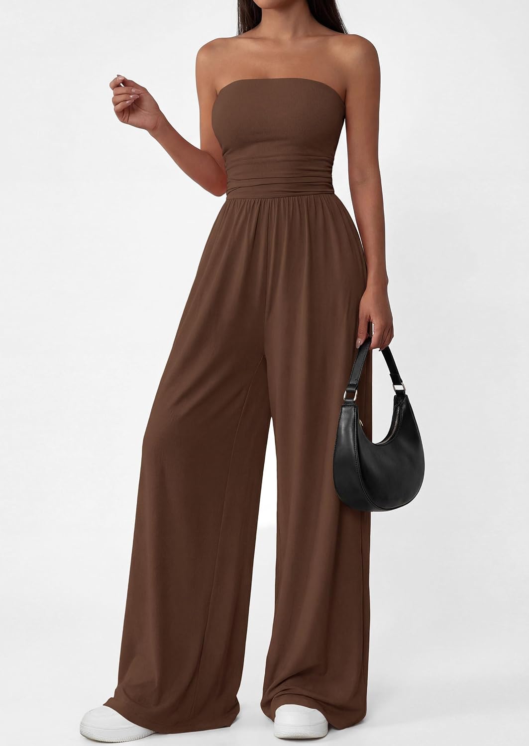 Detalle de PRETTYGARDEN Women's Trendy Strapless Romper (2026) Ruched Tube Top Wide-Leg Jumpsuit