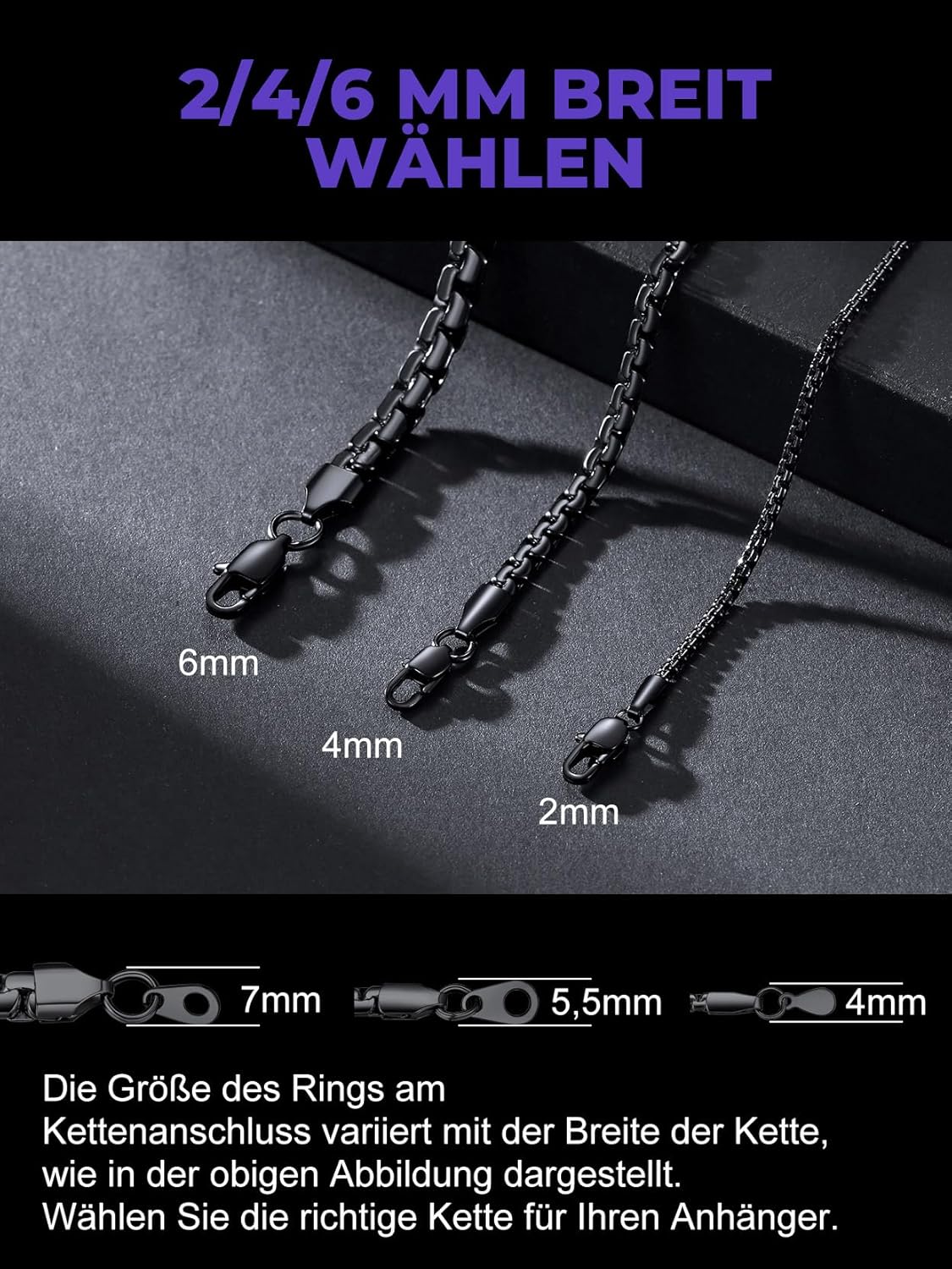 Detalle de Richsteel Edelstahl-Kette Herren & Damen Venezianisch 2/4/6 mm Silber/Schwarz/Vergoldet – Längen von 35 bis 76 cm