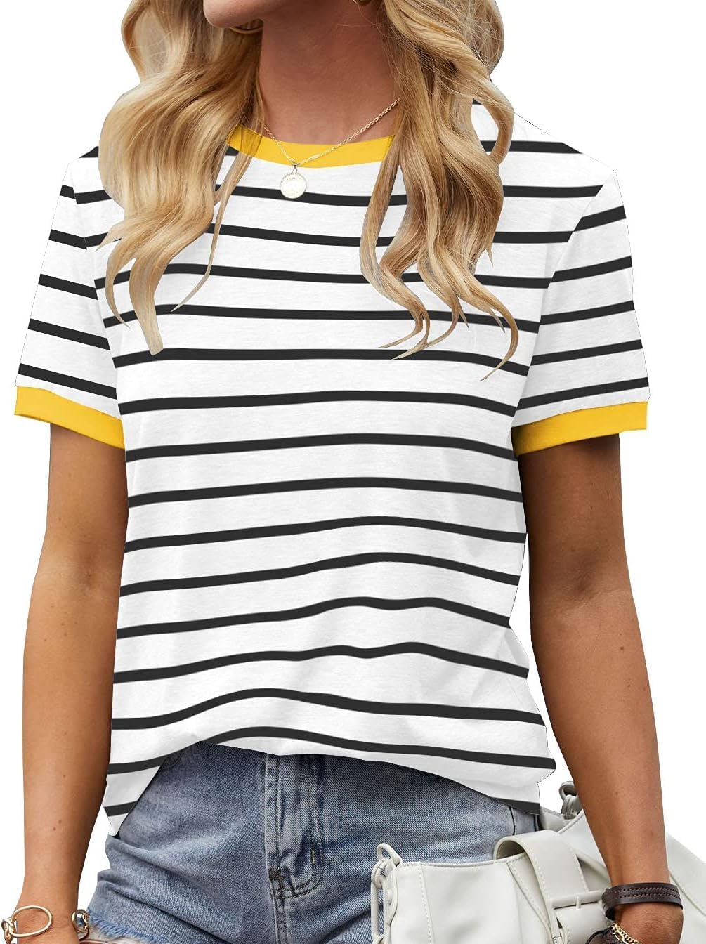 Detalle de Fisoew Damen Streifen T-Shirt mit Rundhalsausschnitt und Kurzarm (Basic Stripe Tee)