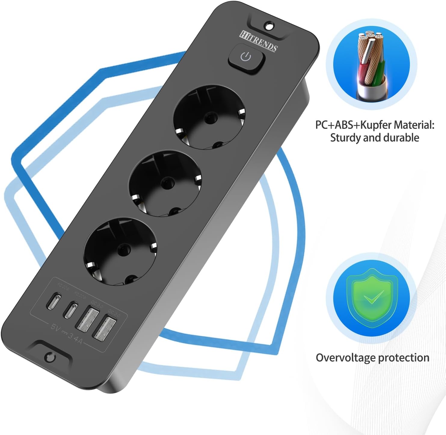 Detalle de HITRENDS HS-FEX-4U-3K inbouwstopcontact met 3 stopcontacten en 4 USB-poorten
