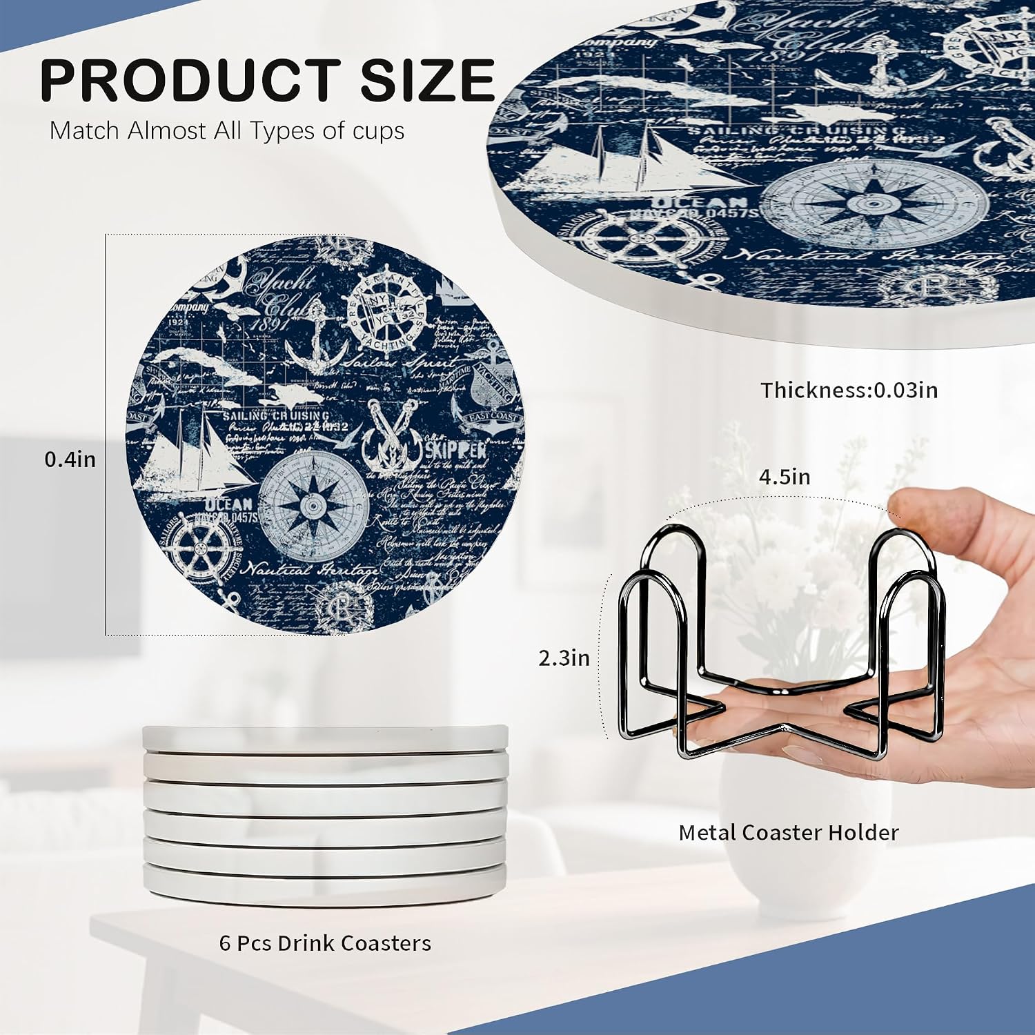 Detalle de Anchor Navy Blue 6-Pack Absorbent Ceramic Coasters with Cork Base & Holder (10cm)