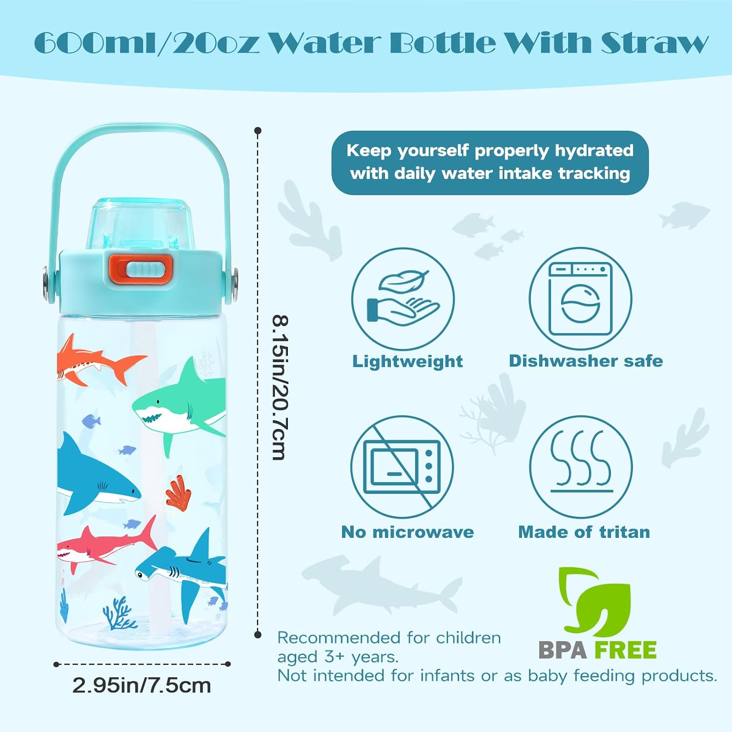 Detalle 2 de Queenshin QS-5012C Shark Water Bottle for Kids, 20 oz Tritan with Straw
