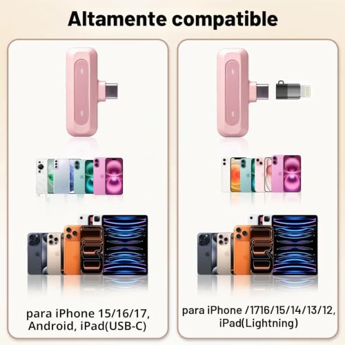 Detalle 2 de Uewpv Micrófono Lavalier Rosa para iPhone y USB-C con Pantalla LED y Clip Giratorio