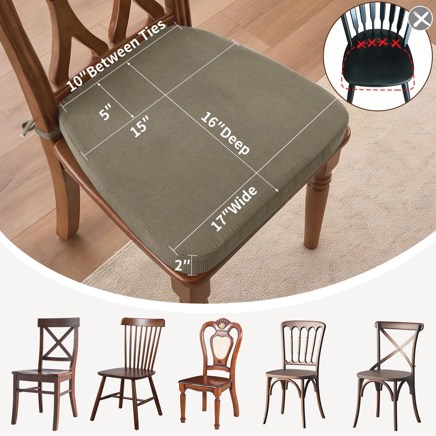 Detalle de Nobildonna YD1716 Dining Chair Cushions, Khaki, 17" x 16", Set of 2