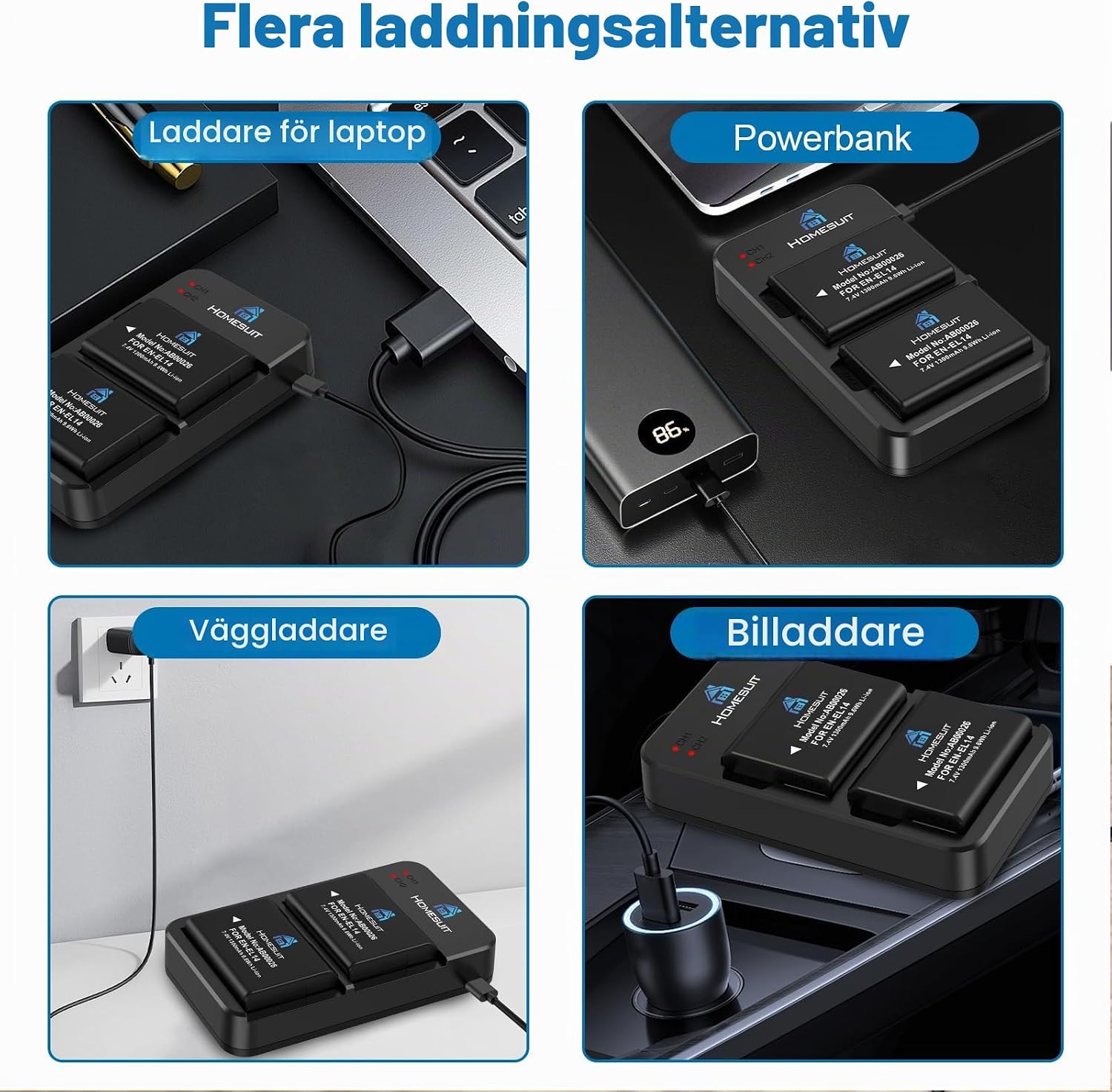 Detalle 2 de Homesuit EN-EL14/EN-EL14a batterisats med USB-dubbelladdare, 2-pack