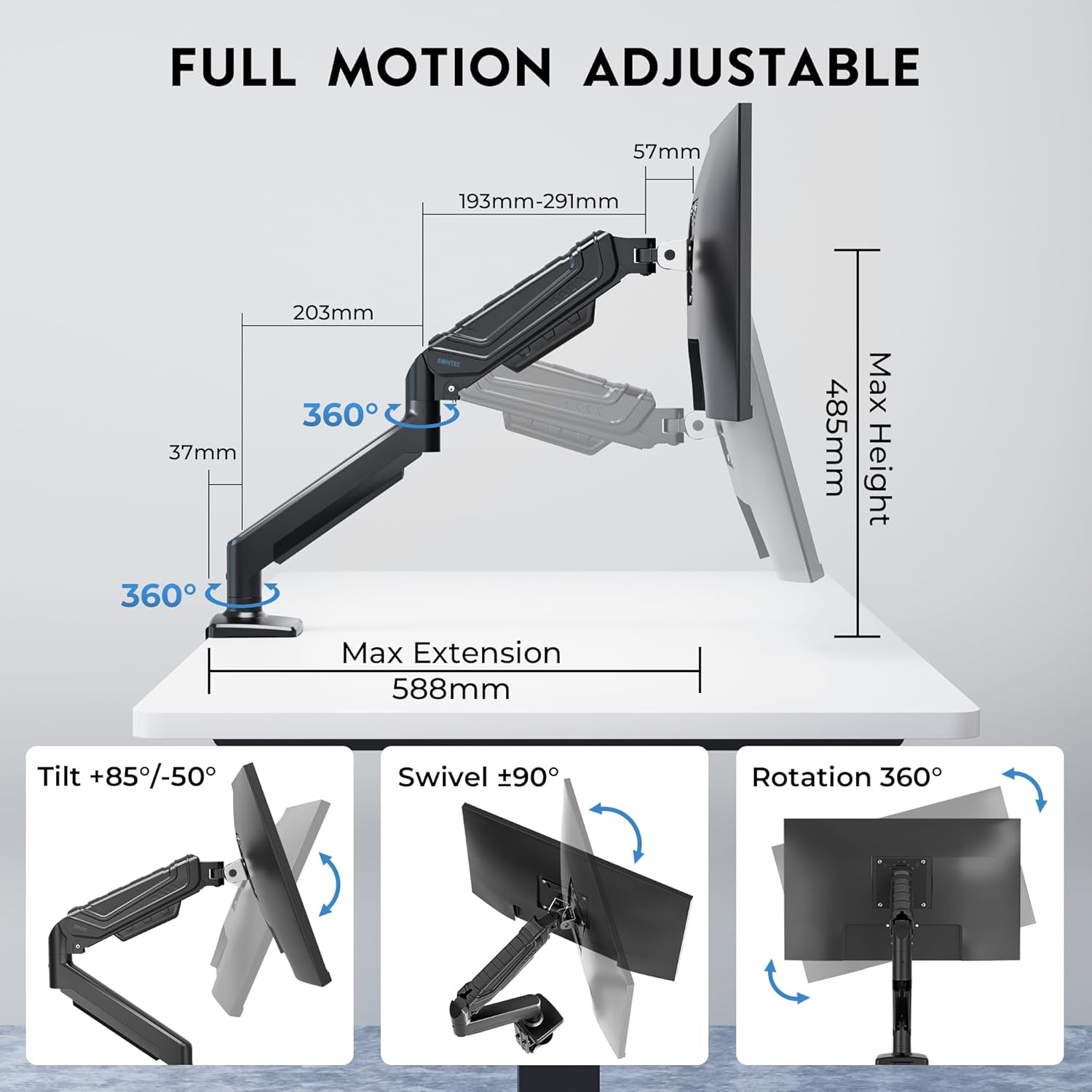 Detalle de BONTEC single monitor arm desk mount for 15–34 inch screens (VESA 75x75/100x100) up to 12kg