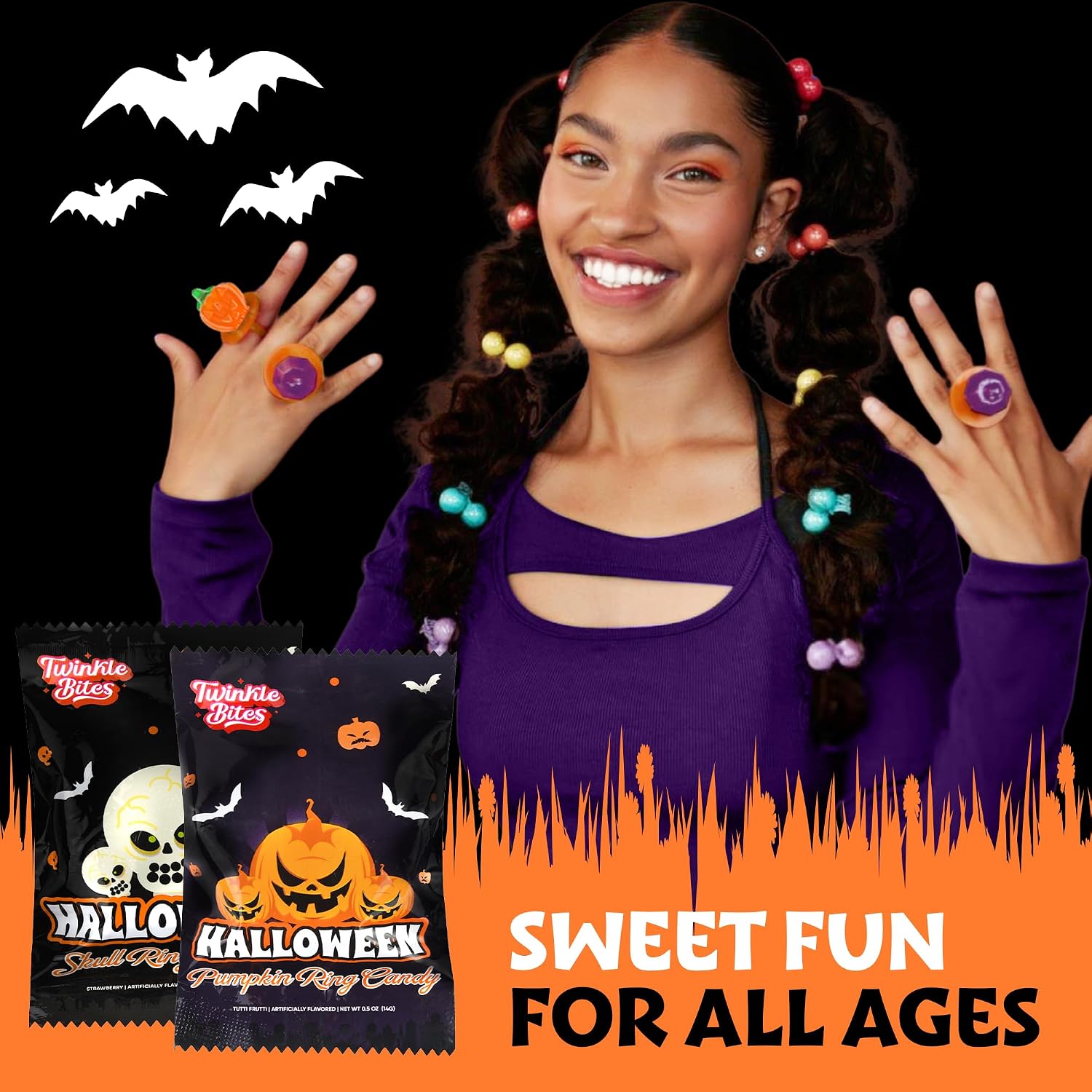 Thumbnail 5 de Twinkle Bites 30-Pack Halloween Ring Lollipops, Pumpkin and Skull Designs